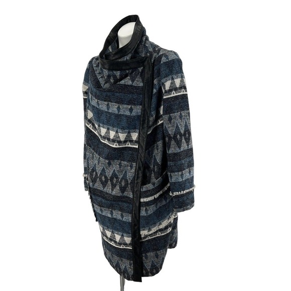 SAM EDELMAN Tribal Blanket Coat Boho Sweater Jacket Fringe Wool Blue Southwest S - Picture 4 of 10